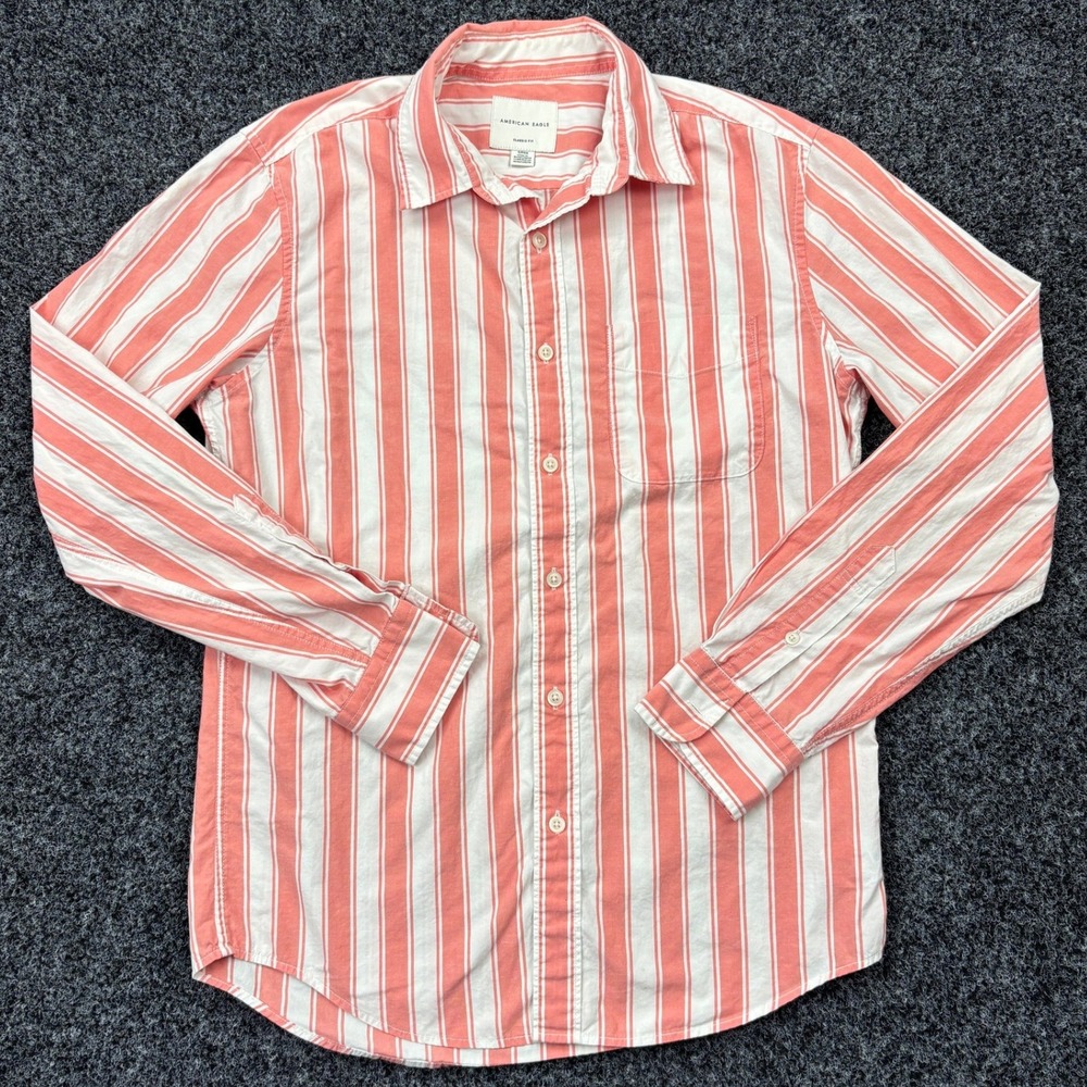 American Eagle Mens Classic Fit Striped Button‎ Down Shirt Coral White Small